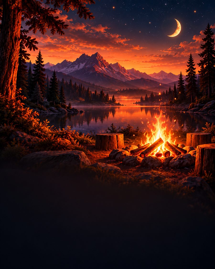 A glowing campfire beside a mountain lake at night
