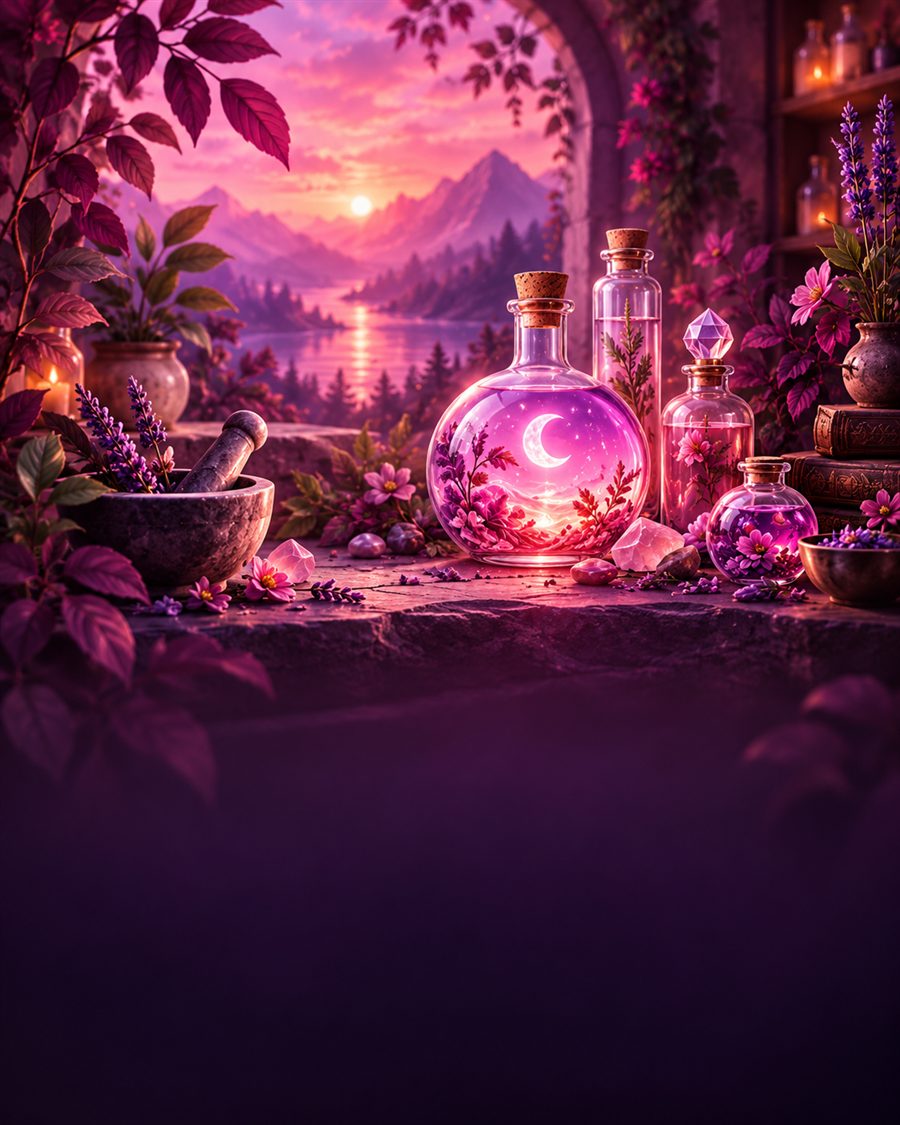 Pink botanical potion bottles in a magical workshop